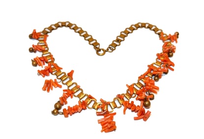 VINTAGE MIRIAM HASKELL CORAL BOOK CHAIN NECKLACE 14" 1930S-40S