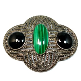 VERY LARGE ART DECO VINTAGE STERLING MARCASITE BROOCH INLAID ONYX & MALACHITE