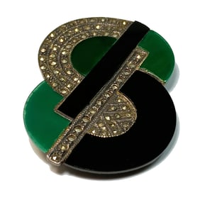 FINE ART DECO VINTAGE STERLING MARCASITE BROOCH INLAID ONYX & CHRYSOPRASE
