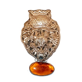 VINTAGE SIGNED AMY RUSSELL KAHN LARGE STERLING  BROOCH PENDANT  AMBER CABOCHON