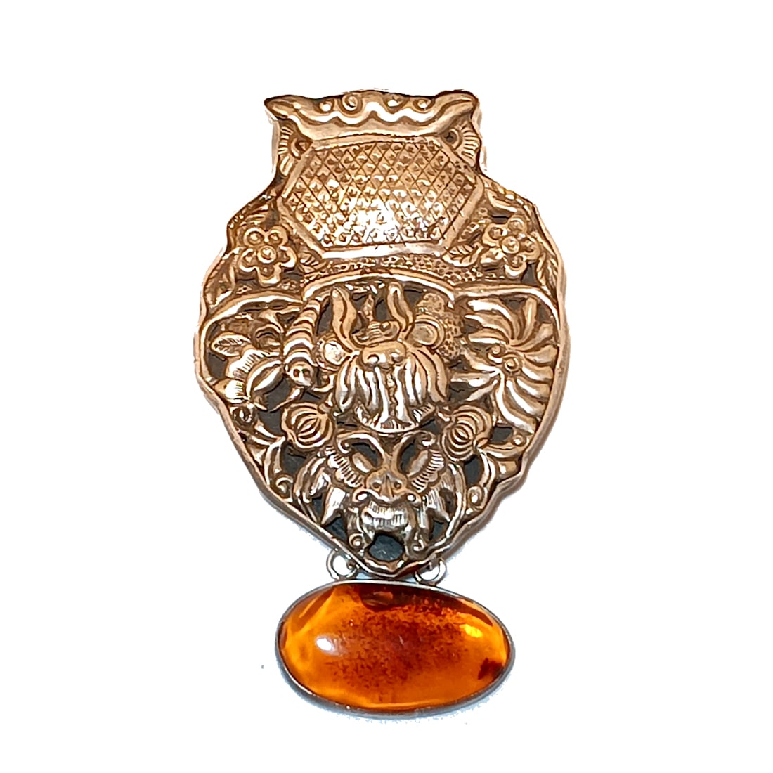 VINTAGE SIGNED AMY RUSSELL KAHN LARGE STERLING  BROOCH PENDANT  AMBER CABOCHON (1 of 6)