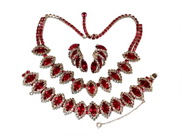 DAZZLING VINTAGE WEISS RUBY RED RHINESTONE PARURE SET NECKLACE BRACELET EARRINGS