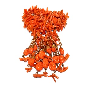 VINTAGE UNSIGNED MIRIAM HASKELL CORAL GLASS DANGLE BROOCH 4" LONG
