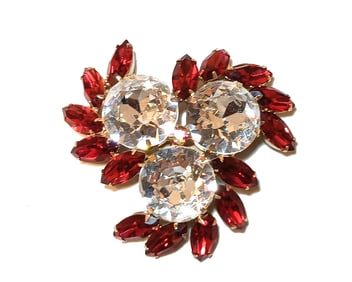 VINTAGE STATEMENT BROOCH WITH CLEAR AND RUBY RHINESTONES 2.5" UNSIGNED