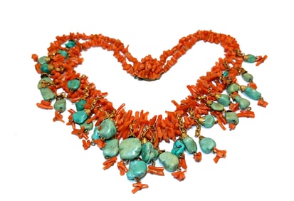VINTAGE MIRIAM HASKELL CORAL & TURQUOISE 2 STRANDS NECKLACE 1940S UNSIGNED