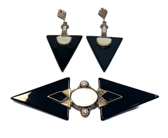 LARGE VINTAGE  DECO STERLING BROOCH & EARRINGS INLAID ONYX MOTHER OF PEARL