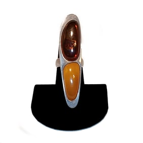 MODERNIST STERLING SILVER & BALTIC AMBER STATEMENT RING SIZE 7.5  15.7 GRAMS