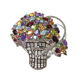 VINTAGE STERLING NATURAL GEMSTONE  BASKET 925 BROOCH PENDANT 2.25"