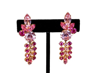 VINTAGE AUSTRIAN SIGNED  PINK CRYSTAL DROP EARRINGS 1950S FLORAL DESIGN