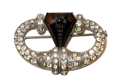 ANTIQUE FRENCH ART DECO BROOCH WITH BOHEMIAN JET GLASS & CLEAR PASTE STONES C. 1930S