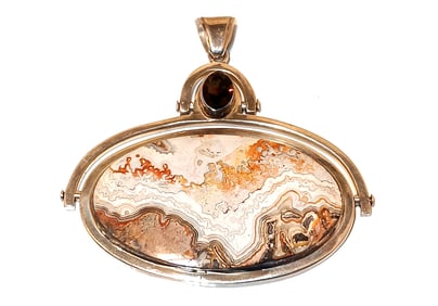 MASSIVE  STERLING CRAZY LACE AGATE & SMOKY QUARTZ MODERNIST PENDANT 78 GRAMS