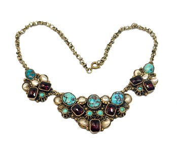 ANTIQUE 1940S ISRAEL 935 SILVER NECKLACE WITH TURQUOISE &GARNET GLASS STONES