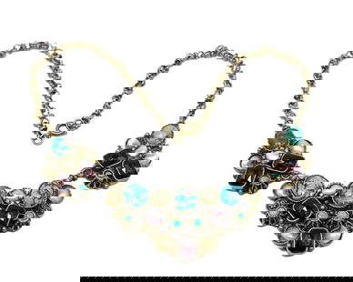 ANTIQUE 1940S ISRAEL 935 SILVER NECKLACE WITH TURQUOISE &GARNET GLASS STONES: A BEAUTIFUL AND RARE HANDCRAFTED NECKLACE MARKED "MADE IN ISRAEL 935", DATING TO THE 1940S. THE ORNATE PIECE IS MADE FROM HIGH-GRADE 935 SILVER AND FEATURES A STRIKING DESIGN WITH VIBRANT TURQUOISE CA