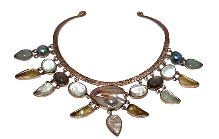 HEAVY VINTAGE HANDCRAFTED STERLING COLLAR NECKLACE "MK"  172 GRAMS  14" SEMI PRECIOUS STONES