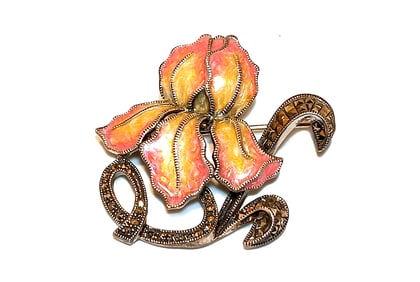 A VINTAGE STERLING SIGNED  "J J " FLORAL BROOCH   WITH ENAMEL & MARCASITE 14 GRAMS