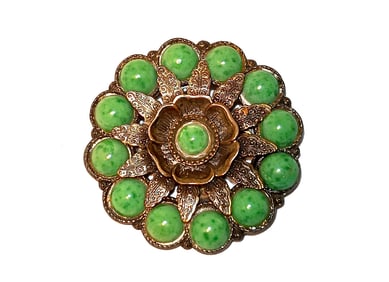 LARGE VINTAGE LOTUS BROOCH WITH FAUX JADE CABOCHONS & ORNATE FILIGREE 2.4" D