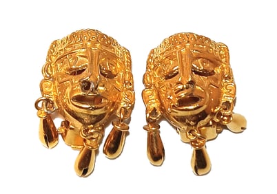 VINTAGE MEXICAN MASK DANGLE CLIP-ON EARRINGS SIGNED "MEXICO"  1.25" LONG
