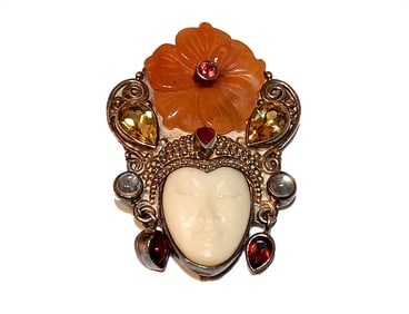 SIGNED SAJEN STERLING PENDANT BROOCH WITH CARVED FACE & GEMSTONES