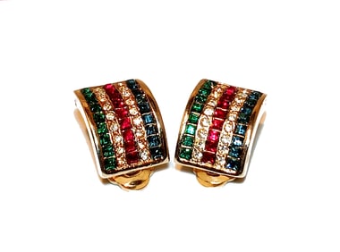 FINE VINTAGE RAINBOW RHINESTONES CLIP-ON EARRINGS 1980S STATEMENT STYLE