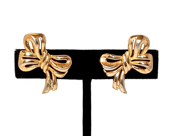 VINTAGE CROWN TRIFARI GOLD-TONE BOW CLIP-ON EARRINGS 1950S-60S