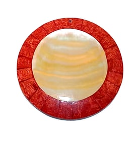 SUPERB VINTAGE ROUND CORAL AND MOTHER OF PEARL INLAY PENDANT 2" D  21 GR
