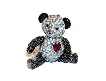 VINTAGE ARTICULATED TEDDY BEAR PENDANT NECKLACE WITH RED HEART SIGNED PM CHINA