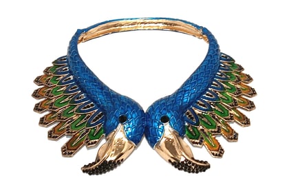 MAJESTIC ENAMELLED TWIN PEACOCK COLLAR NECKLACE WITH RHINESTONES