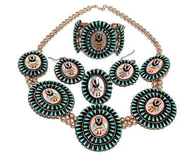 SUPERB SIGNED BENSON YAZZIE NATIVE AMERICAN ZUNI INLAY SET IN STERLING NECKLACE CUFF RING EARRIINGS: AN EXTRAORDINARY AND RARE COMPLETE ZUNI NATIVE AMERICAN JEWELRY SET BY RENOWNED ARTIST BENSON YAZZIE (BY), CRAFTED IN STERLING SILVER WITH INTRICATE HAND-INLAID TURQUOISE, MOTHER-OF-PEARL, JET, AND CO