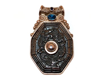 VINTAGE SIGNED  SAJEN 925  DRAGON PENDANT WITH CARVED BLACK SPINEL BLUE TOPAZ GRAY PEARL