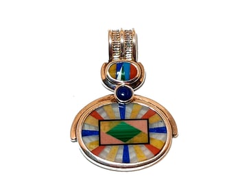 VINTAGE STERLING GEOMETRIC INLAY PENDANT WITH NEPHRITE JADE COLORFUL MOSAIC DESIGN