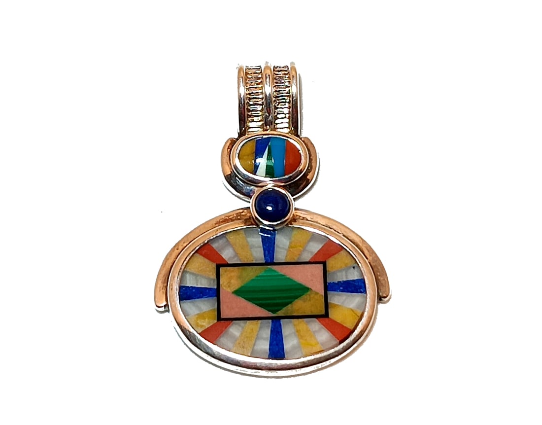 VINTAGE STERLING GEOMETRIC INLAY PENDANT WITH NEPHRITE JADE COLORFUL MOSAIC DESIGN (1 of 6)