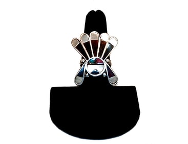 VINTAGE ZUNI STERLING SILVER INLAY SURFACE RING SIZE 7