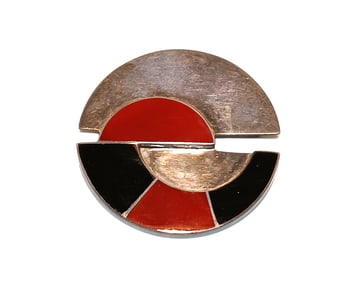 VINTAGE MODERNIST STERLING CARNELIAN & ONYX INLAY BROOCH SIGNED 925