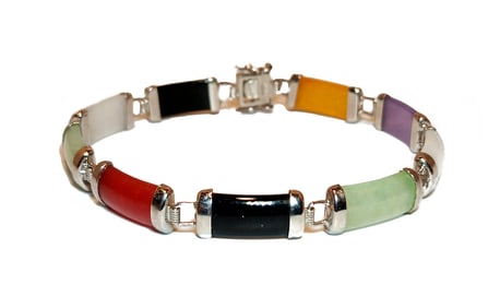 VINTAGE MULTI-GEMSTONE LINK BRACELET 7.5" COLORFUL JADE QUARTZ & MORE
