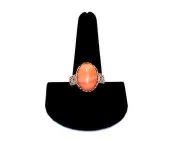 FINE VINTAGE MICHAEL VALITUTTI  STERLING & 18K GOLD RING WITH CORAL CABOCHON SIZE 11
