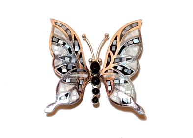 VINTAGE THAILAND BUTTERFLY BROOCH PENDANT GEOMETRIC INLAY BLACK & WHITE DESIGN
