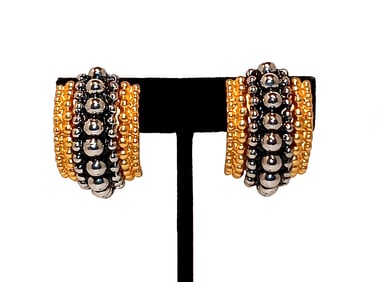 BOLD VINTAGE HEAVY METAL CLIP-ON EARRINGS GOLD & SILVER TONE BEADED DESIGN