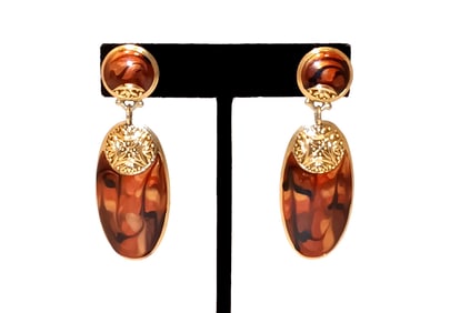 VINTAGE BEREBI MARBLED ENAMEL DROP EARRINGS GOLD FILIGREE DESIGN