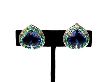 VINTAGE SWAROVSKI CLIP-ON EARRINGS WITH BLUE TEARDROP CRYSTALS & GREEN ACCENTS SIGNED