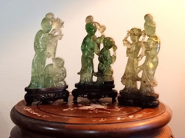 SET OF 3 VINTAGE CHINESE HAND-CARVED JADEITE FIGURES WOMEN WITH CHILDREN WOOD BASE MOUNTS