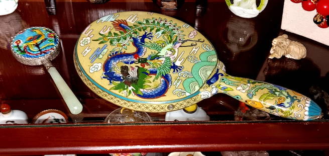 PAIR OF VINTAGE CHINESE CLOISONNE HAND MIRRORS DRAGON & PHOENIX MOTIF WITH JADE HANDLE: OFFERED HERE IS A BEAUTIFUL PAIR OF VINTAGE CHINESE HAND MIRRORS, EACH RICHLY DECORATED IN TRADITIONAL CLOISONNE ENAMEL WITH AUSPICIOUS SYMBOLISM. THE LARGER MIRROR FEATURES AN ELABORATE DESIGN OF A D
