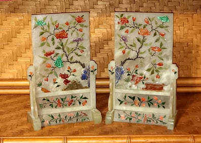 PAIR OF VINTAGE CHINESE HARDSTONE INLAID JADE TABLE SCREENS FLORAL PANELS WITH STAND ONE RESTORED