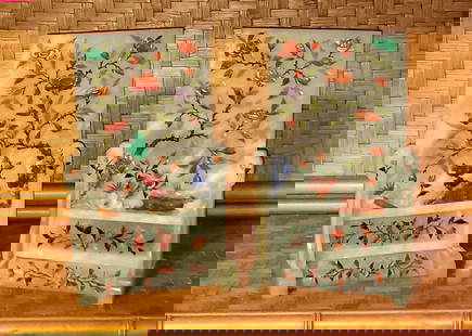 PAIR OF VINTAGE CHINESE HARDSTONE INLAID JADE TABLE SCREENS FLORAL PANELS WITH STAND ONE RESTORED: A BEAUTIFUL PAIR OF VINTAGE CHINESE TABLE SCREENS, INTRICATELY INLAID WITH COLORFUL HARDSTONE FLORAL DESIGNS ON NATURAL JADE. EACH SCREEN FEATURES AN ELEGANT DEPICTION OF BLOOMING BRANCHES WITH INLAID