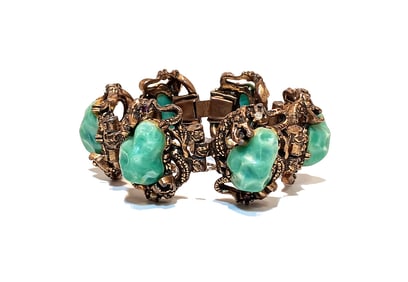 VINTAGE 1959S SELRO STYLE FAUX JADE PANEL BRACELET W/ LUCITE PEARLS & RHINESTONES 7"