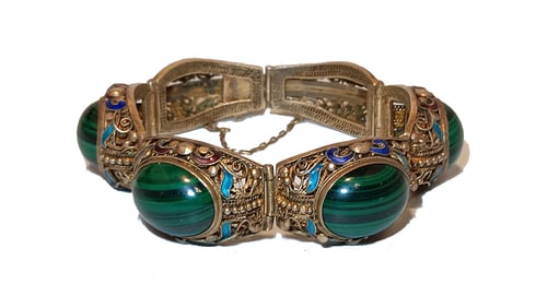 RARE ANTIQUE CHINESE SILVER FILIGREE ENAMEL & MALACHITE BRACELET 7.25" - 52 GRAMS