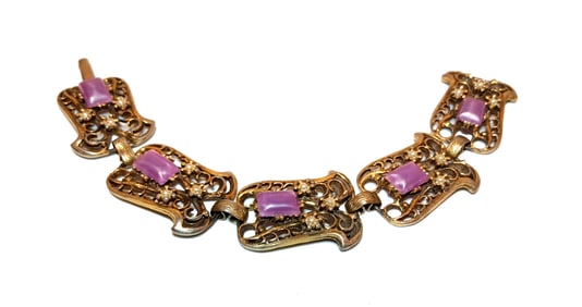 VINTAGE CZECH PINK LUCITE & FAUX PEARL FILIGREE BRACELET 1930S-50S, 8 INCHES LONG
