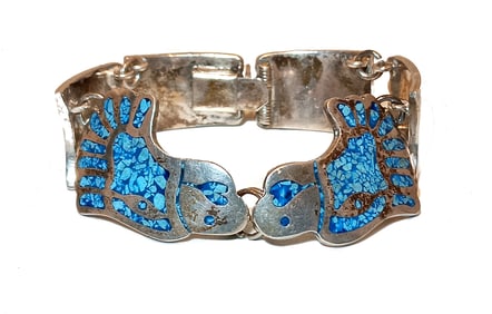 VINTAGE MEXICAN STERLING SILVER & TURQUOISE INLAY EAGLE-HEAD BRACELET 58 GRAMS