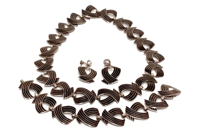 RARE MARGOT DE TAXCO STERLING  PARURE NECKLACE BRACELET & EARRINGS SETDESIGN #5372 132 GR