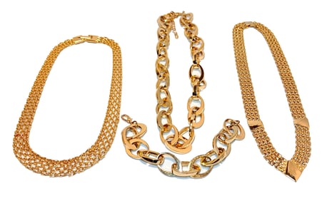 ELEGANT VINTAGE GOLD-TONE NECKLACE TRIO & BRACELET SET 1908S GLAM