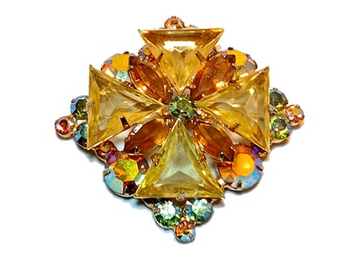 SPECTACULAR VINTAGE JULIANA STYLE YELLOW & AB RHINESTONE BROOCH PENDANT